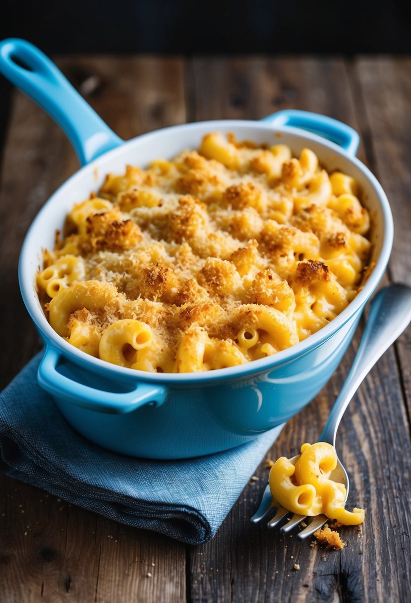 A bubbling casserole dish of creamy White Cheddar Macaroni and Cheese, topped with golden breadcrumbs, sits on a rustic wooden table