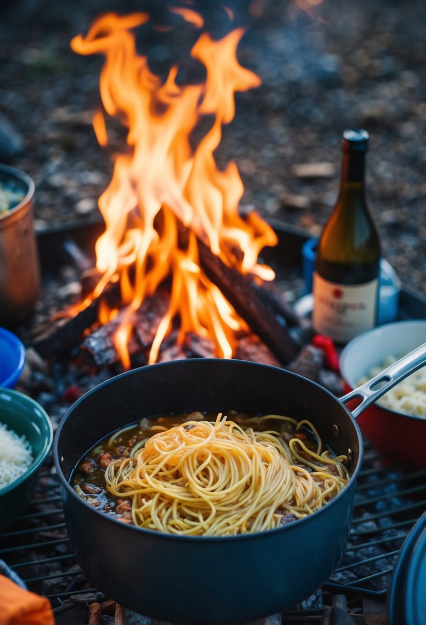 A campfire with a pot of boiling spaghetti, surrounded by ingredients and camping gear