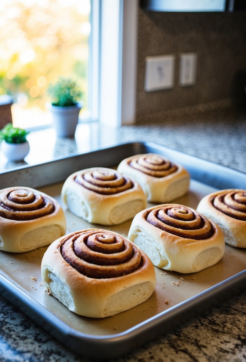 A kitchen counter with fresh cinnamon rolls rising on a baking sheet