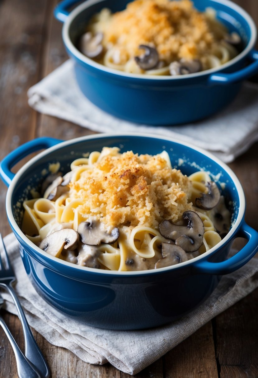 A steaming casserole dish filled with creamy mushroom stroganoff pasta, topped with a golden-brown breadcrumb crust, sits on a rustic wooden table