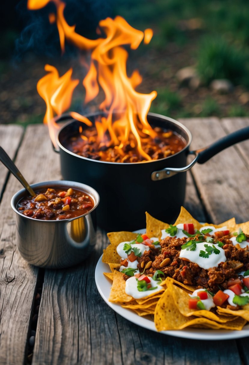 A campfire with a pot of chili simmering next to a plate of loaded nachos on a rustic wooden table