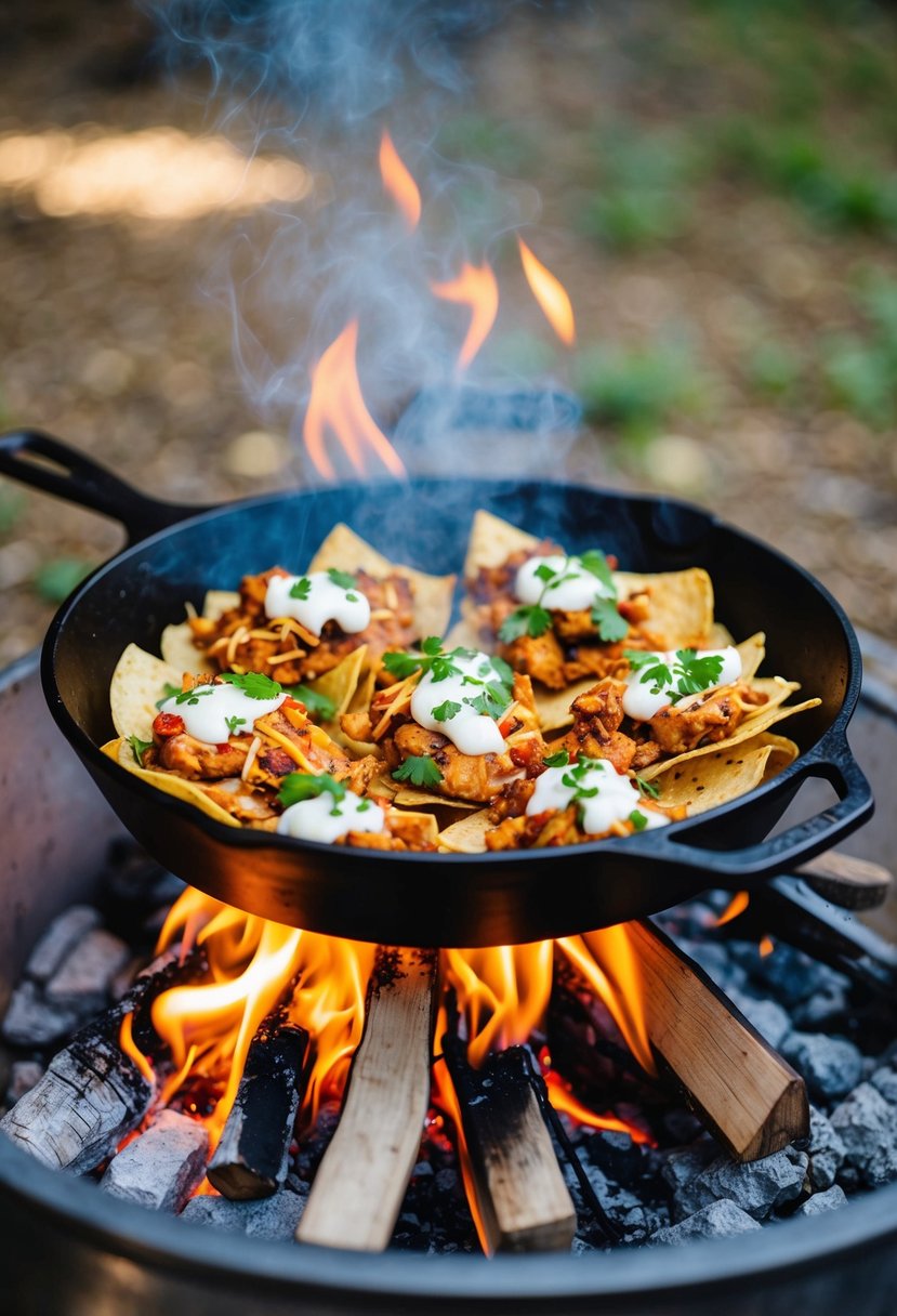 A campfire with a cast iron skillet cooking up a batch of loaded grilled chicken nachos