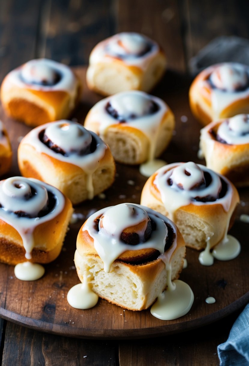 Freshly baked cinnamon rolls drizzled with creamy icing on a rustic wooden table