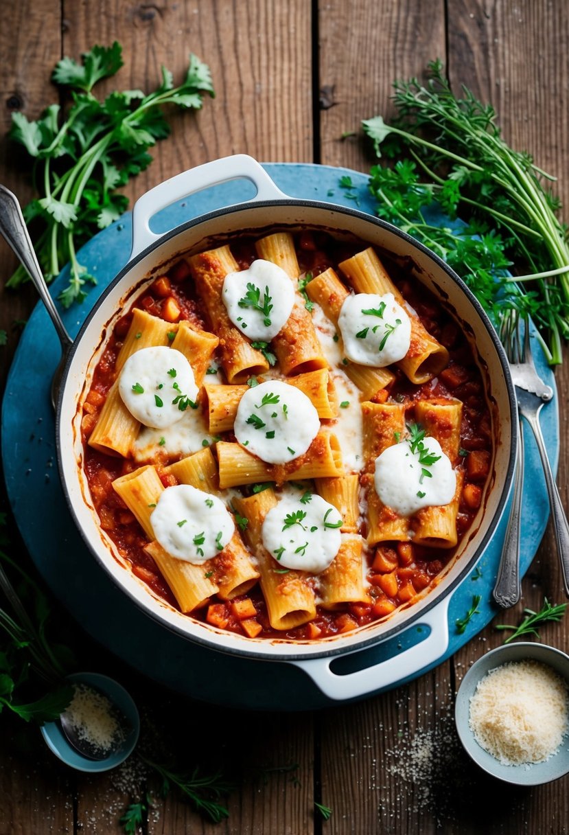 A bubbling dish of baked rigatoni with ricotta sits on a rustic wooden table, surrounded by fresh herbs and a sprinkling of grated parmesan