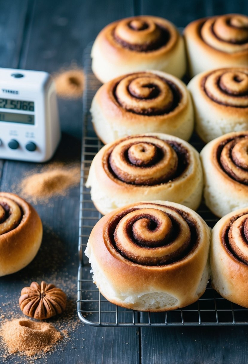 Freshly baked cinnamon rolls cooling on a wire rack, surrounded by scattered cinnamon and sugar. A timer sits nearby, showing 2 hours