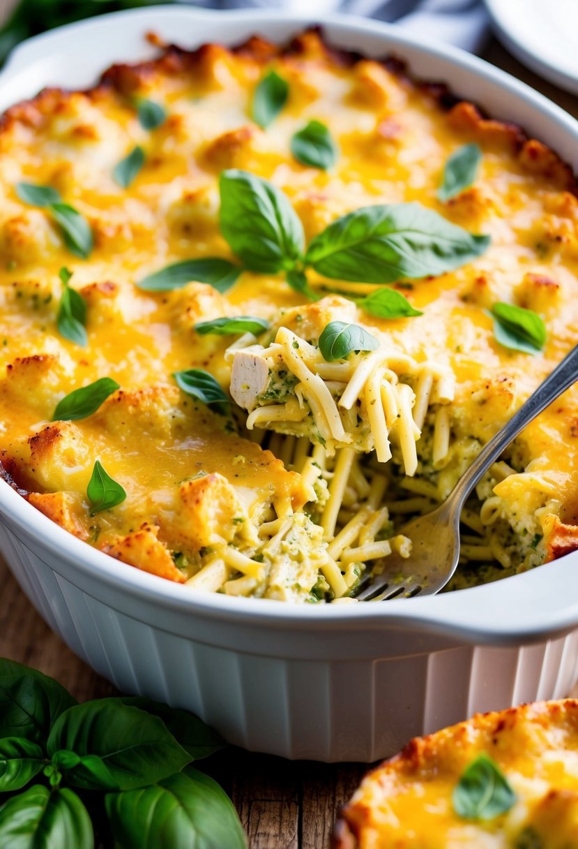 A bubbling casserole dish filled with pesto chicken pasta bake, topped with golden cheese and fresh basil leaves