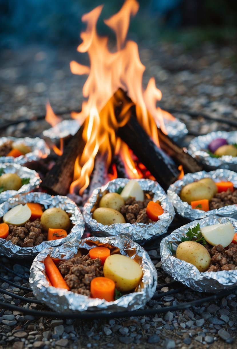 A campfire surrounded by foil-wrapped packets of potatoes, carrots, onions, and seasoned ground beef