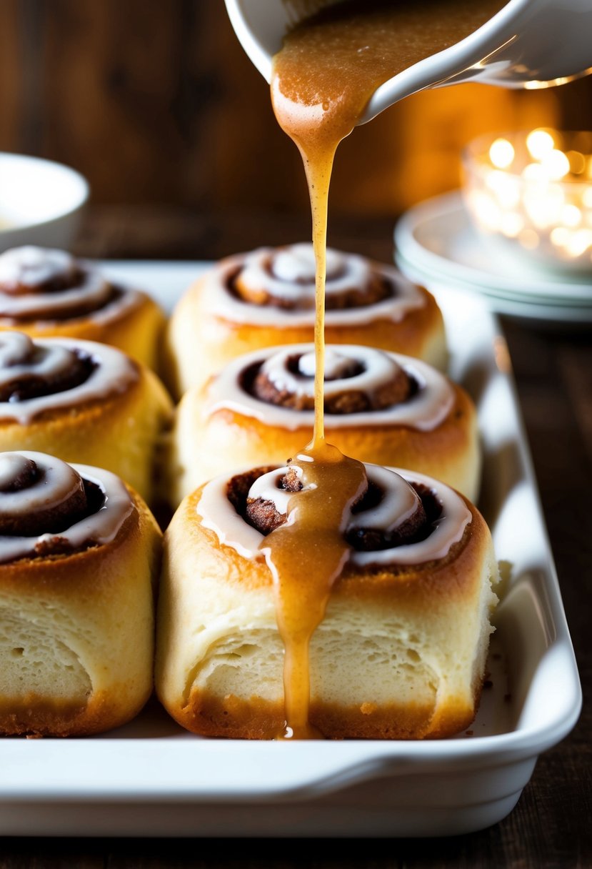 A tray of freshly baked cinnamon rolls with a warm glaze being drizzled over them