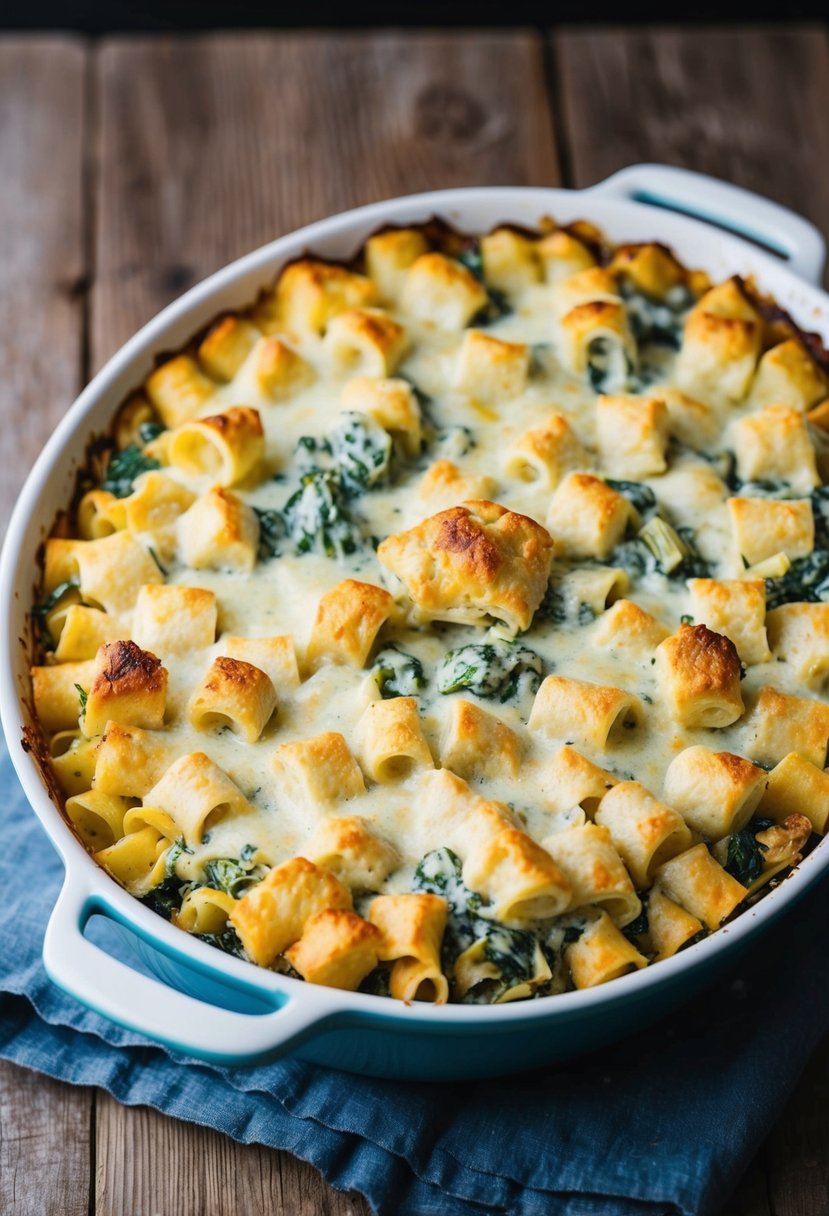 A bubbling casserole dish filled with creamy spinach artichoke pasta, topped with a golden brown crust, sitting on a rustic wooden table