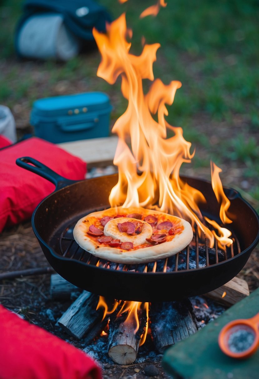 A campfire with a skillet cooking a pizza roll over the flames. Surrounding the fire are camping supplies and a peaceful outdoor setting