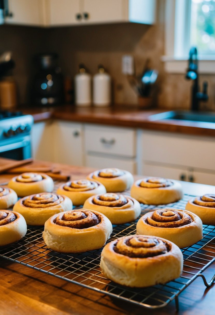 A warm kitchen counter with freshly baked cinnamon rolls cooling on a wire rack, surrounded by the aroma of cinnamon and sugar