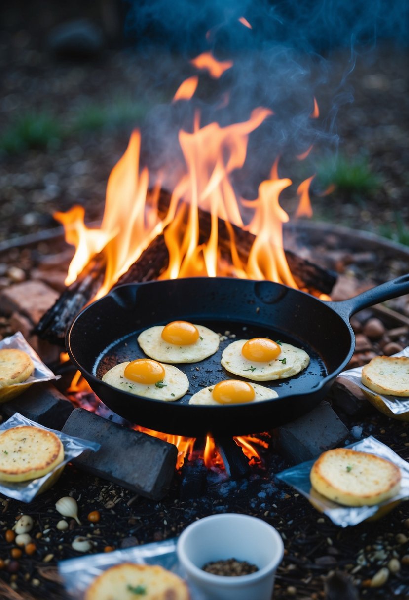 A campfire with a skillet cooking individual omelets in small bags. Various ingredients and seasonings scattered around the cooking area