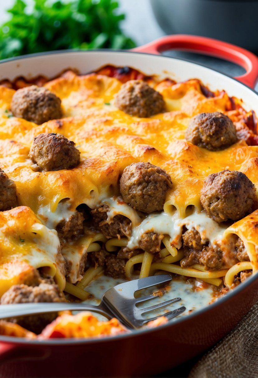 A bubbling casserole dish filled with layers of meatballs, mozzarella, and pasta, topped with a golden, crispy cheese crust