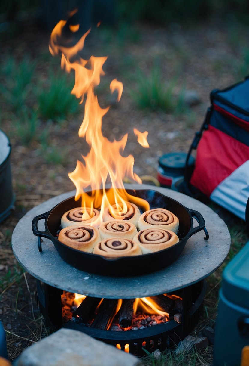 A campfire with a cast iron skillet cooking cinnamon rolls, surrounded by camping gear and a natural outdoor setting