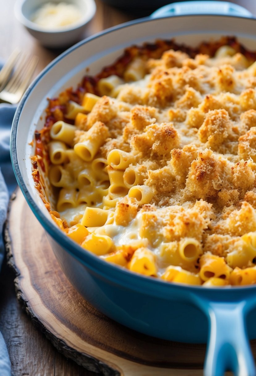 A bubbling casserole dish filled with creamy four-cheese pasta, topped with golden, crispy breadcrumbs