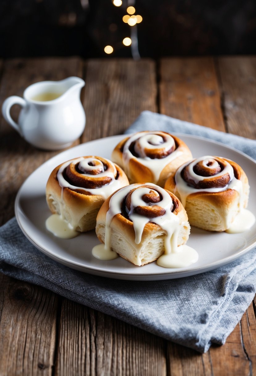 Freshly baked cinnamon rolls drizzled with heavy cream on a rustic wooden table