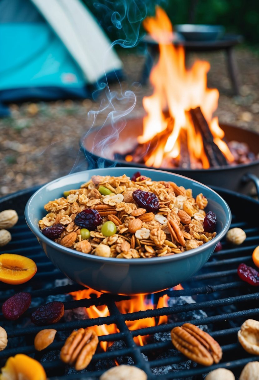 A steaming bowl of granola sits on a rustic campfire grill, surrounded by scattered nuts and dried fruit. A tent and campfire are visible in the background