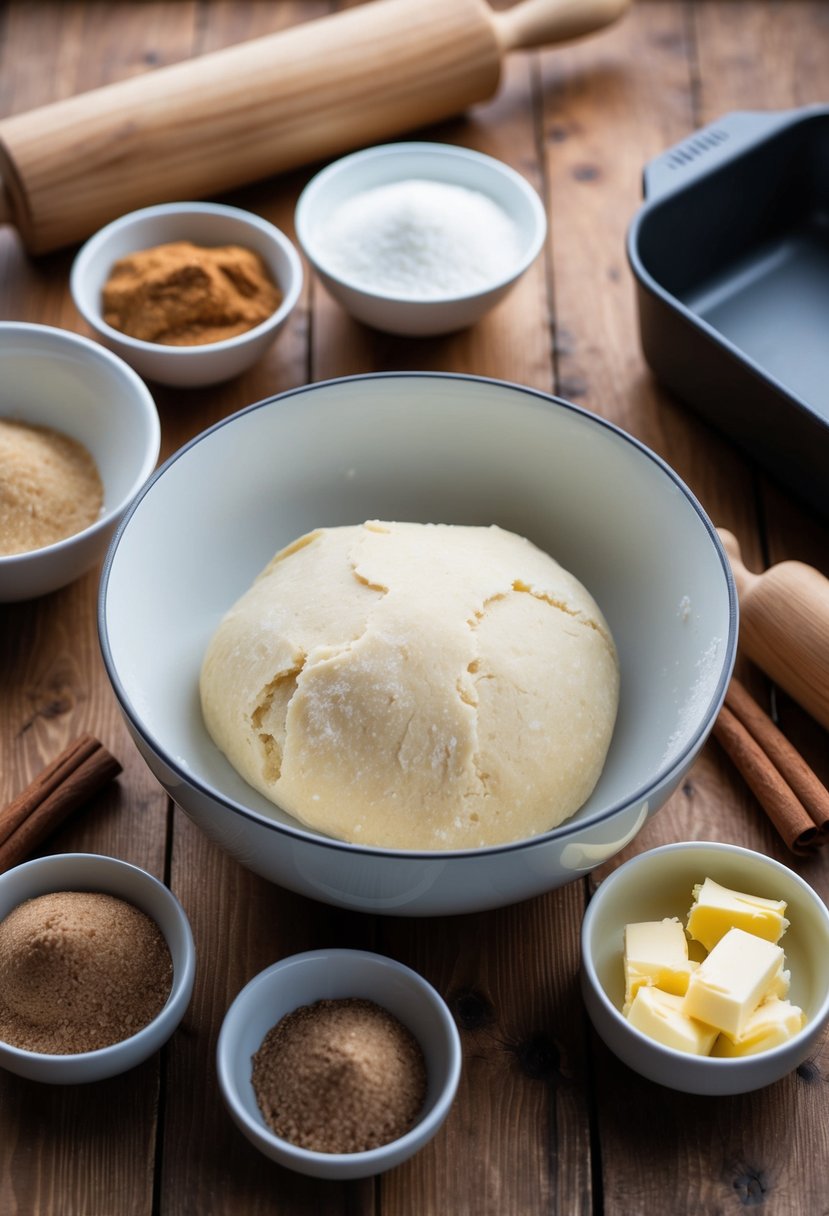 A wooden table with a mixing bowl filled with dough, surrounded by ingredients like cinnamon, sugar, and butter, with a rolling pin and a baking dish nearby