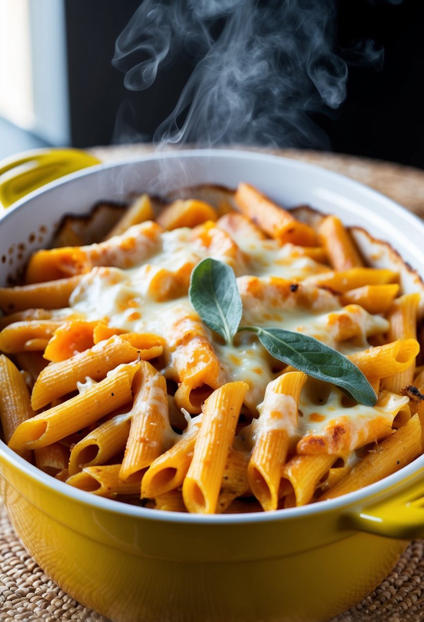 A steaming casserole dish filled with butternut squash and sage penne pasta, topped with a golden, bubbly layer of melted cheese