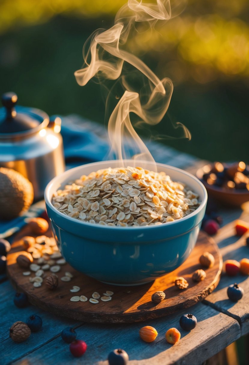 A steaming bowl of oats sits on a rustic camping table, surrounded by scattered berries and nuts. The morning sun casts a warm glow on the scene