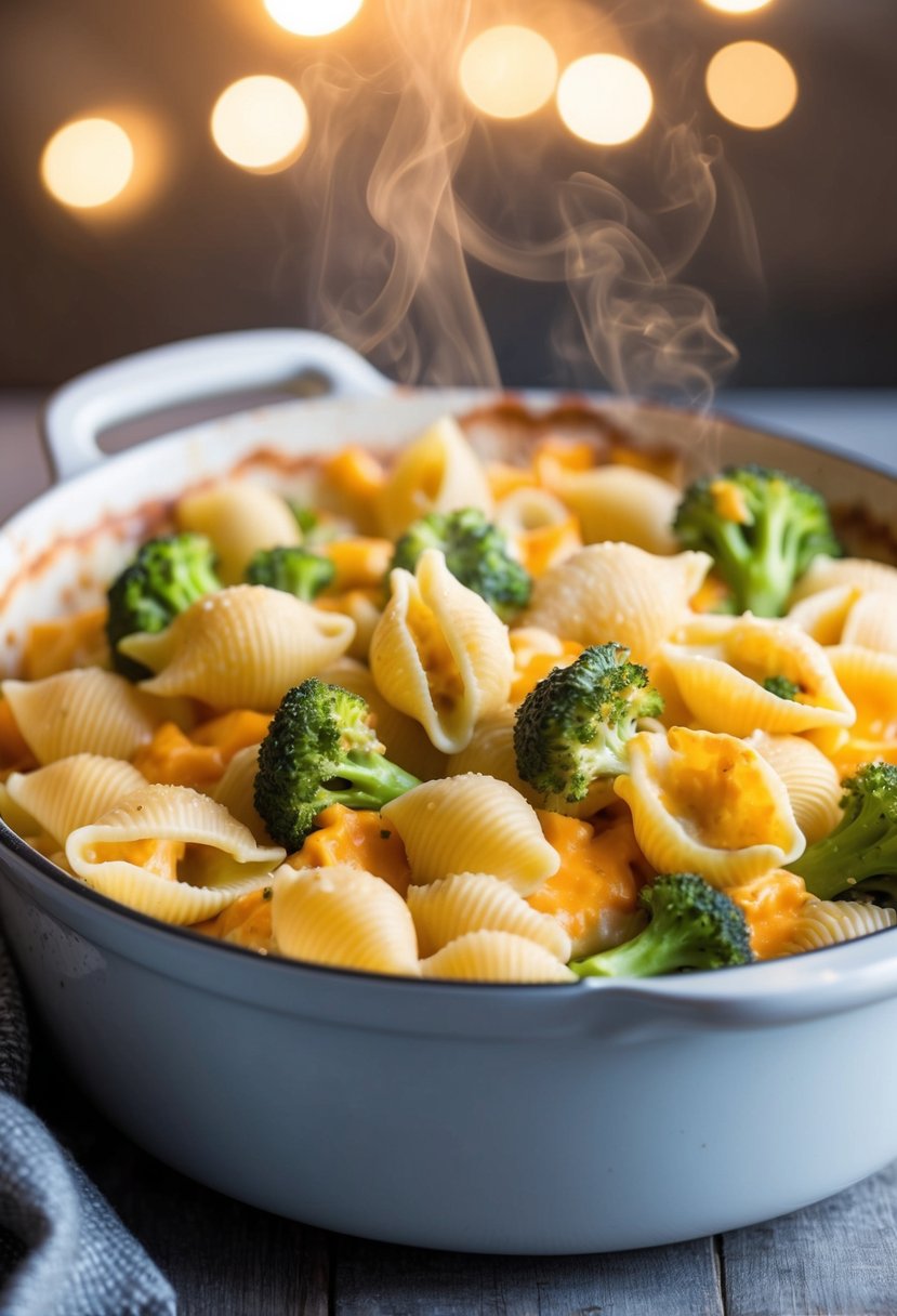 A steaming casserole dish filled with creamy broccoli cheddar shells pasta, bubbling and golden brown from the oven