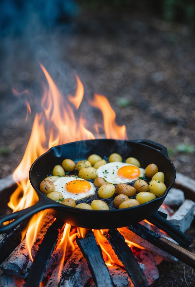 A skillet with sizzling potatoes and eggs cooking over a campfire