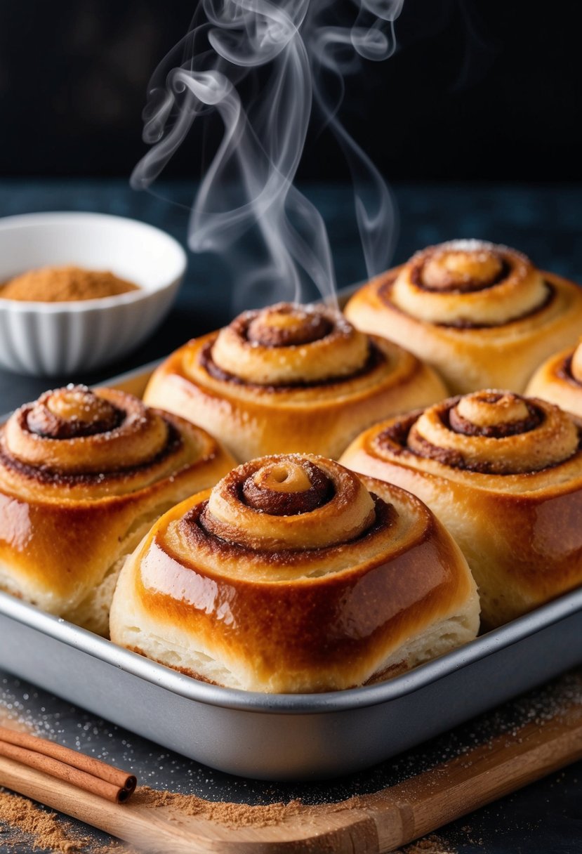 A tray of golden-brown cinnamon buns, steam rising, surrounded by a sprinkle of cinnamon and sugar