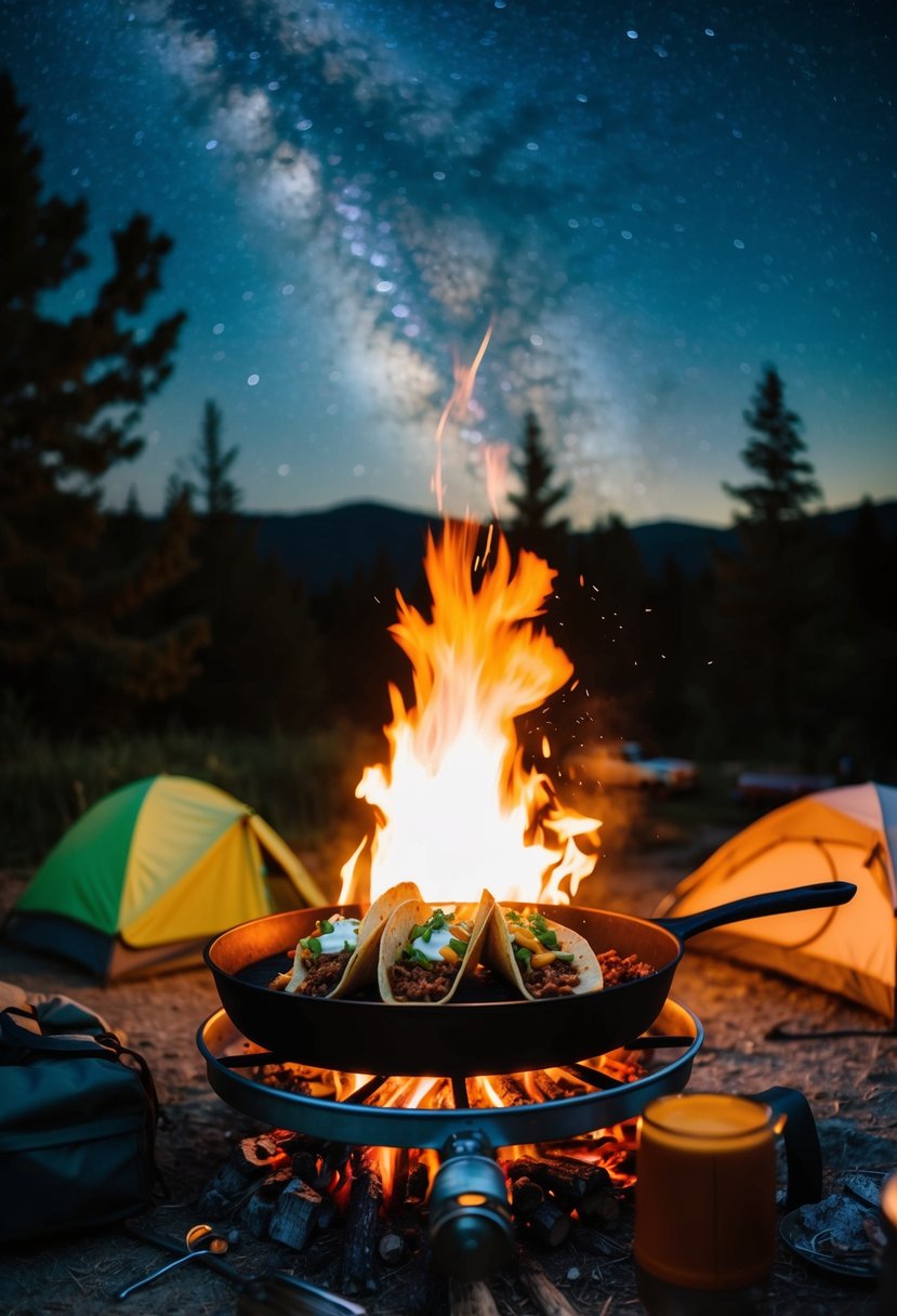 A campfire with a skillet cooking tacos, surrounded by camping gear and a starry night sky