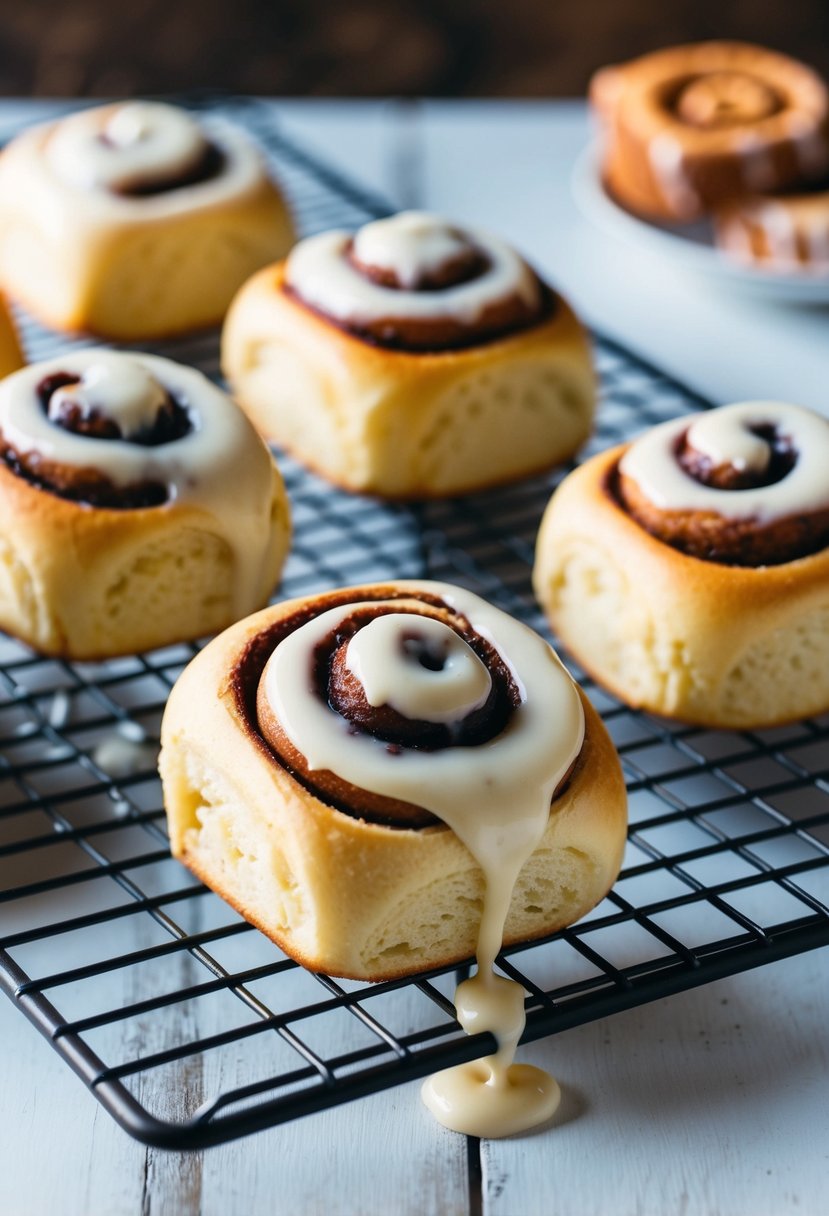 Freshly baked cinnamon rolls cooling on a wire rack, with creamy frosting dripping down the sides