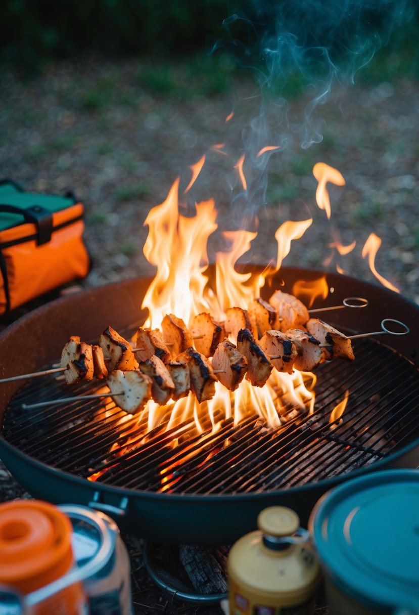 A campfire with chicken skewers cooking on a grill over the flames. Surrounding the fire are camping supplies and a peaceful outdoor setting