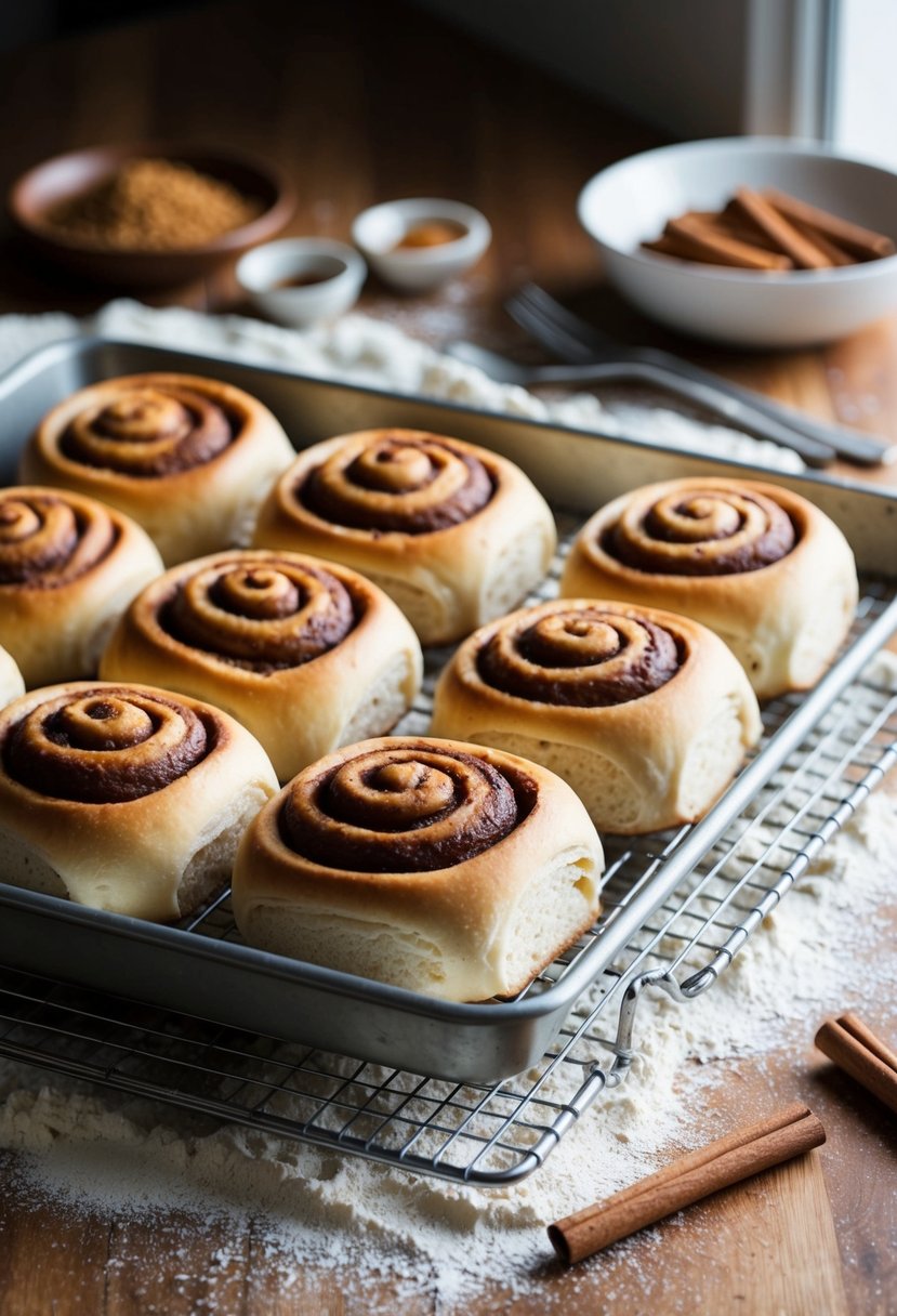 A warm kitchen with a tray of freshly baked cinnamon rolls cooling on a wire rack, surrounded by scattered flour and cinnamon