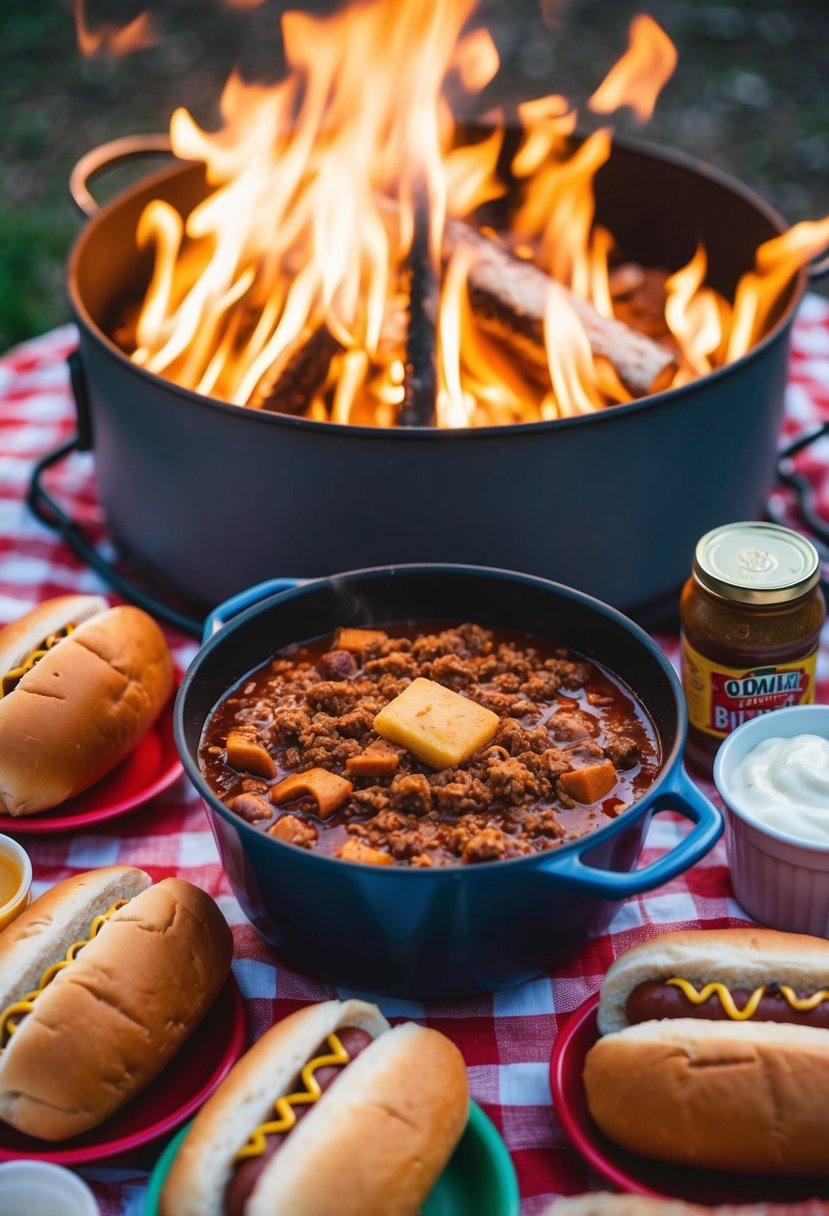 A campfire with a pot of chili simmering, surrounded by hot dog buns and condiments on a picnic table