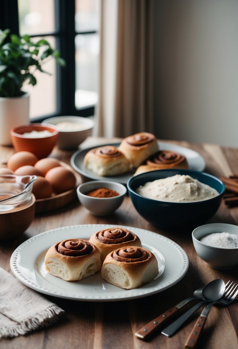 A table set with ingredients and utensils for making cinnamon rolls