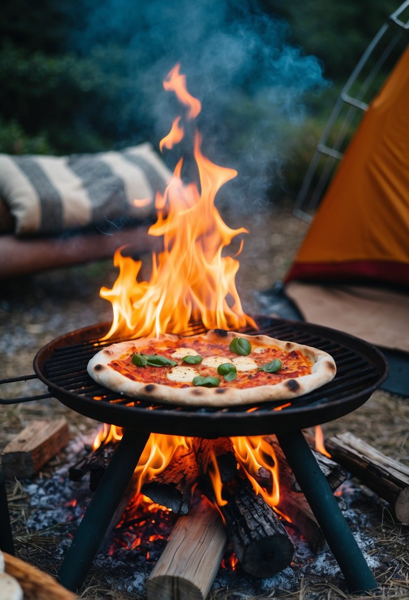 A campfire with a rustic pizza cooking on a grill over the flames, surrounded by a cozy outdoor camping setting