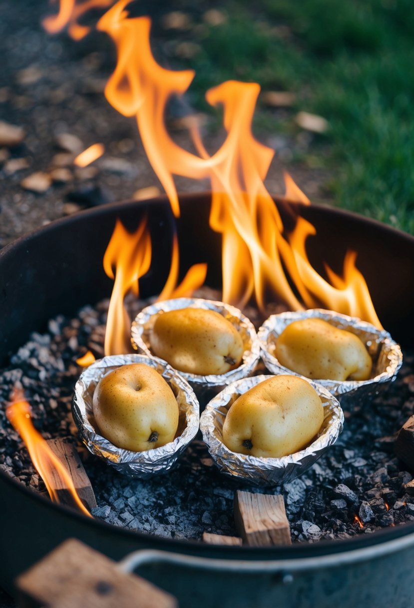 A campfire surrounded by potatoes wrapped in foil, with flames licking the edges