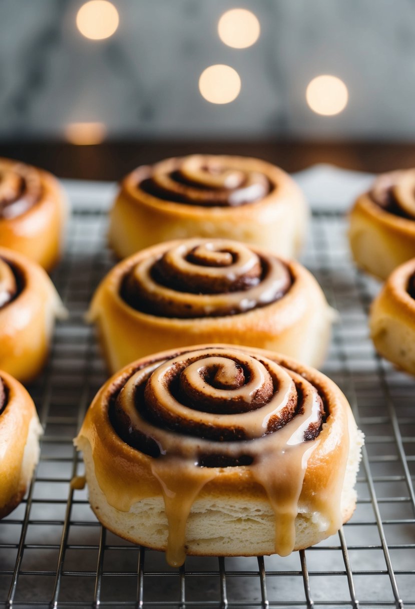 Freshly baked cinnamon rolls cooling on a wire rack, with a gooey glaze dripping down the sides