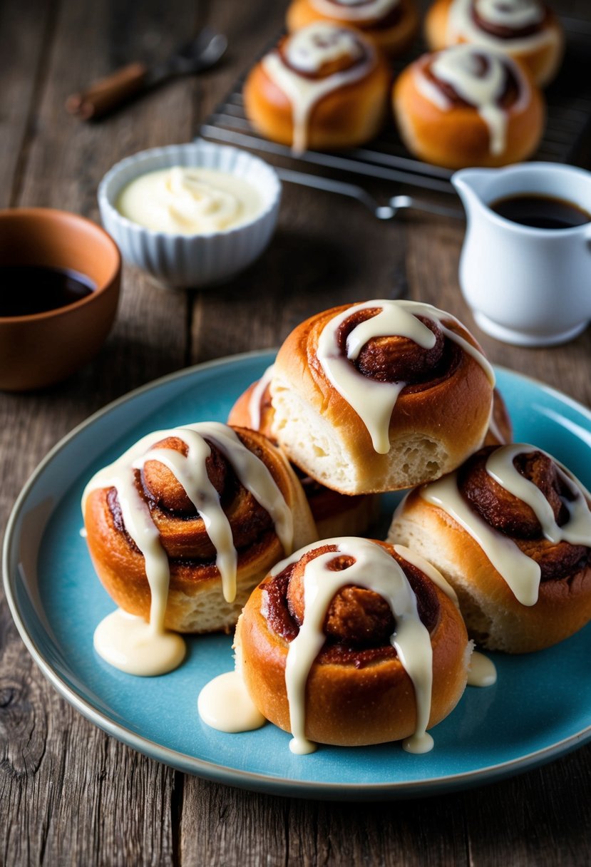 Freshly baked cinnamon buns drizzled with creamy icing on a rustic wooden table