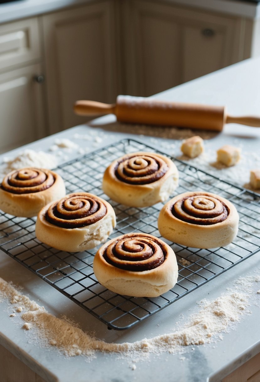 A kitchen counter with freshly baked cinnamon rolls cooling on a wire rack, surrounded by scattered flour and a rolling pin