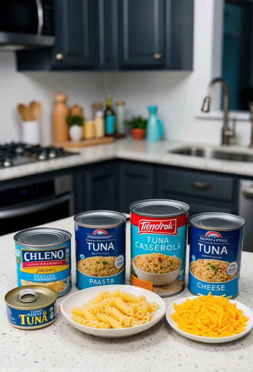 A kitchen counter with ingredients for tuna casserole laid out, including cans of tuna, pasta, cheese, and a baking dish