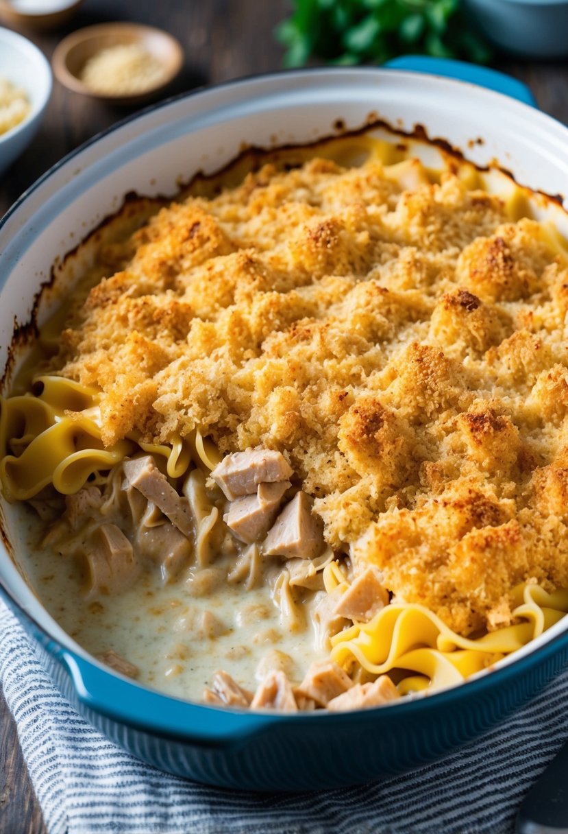 A bubbling casserole dish filled with creamy tuna and noodles, topped with a golden layer of crispy breadcrumbs