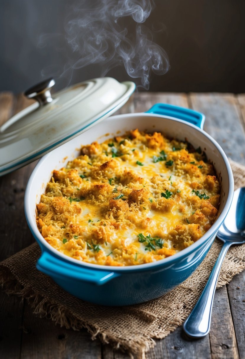 A steaming casserole dish sits on a rustic table, filled with creamy garlic-herb tuna casserole. Bubbles of melted cheese and breadcrumbs create a golden crust on top