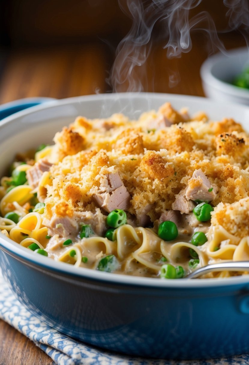 A steaming casserole dish filled with creamy tuna, peas, and noodles, topped with a golden layer of breadcrumbs and melted cheese