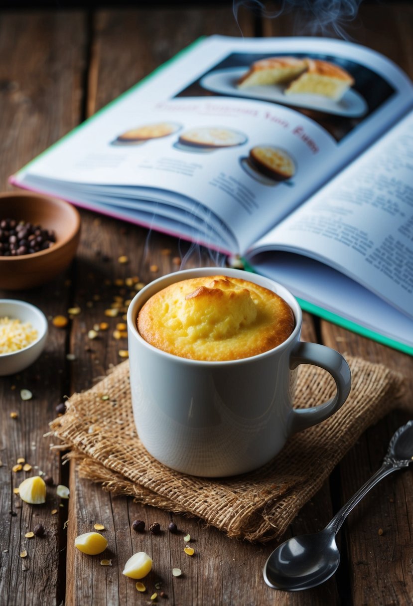 A steaming mug cake sits on a rustic wooden table, surrounded by scattered ingredients and a recipe book open to a page on mug cake recipes