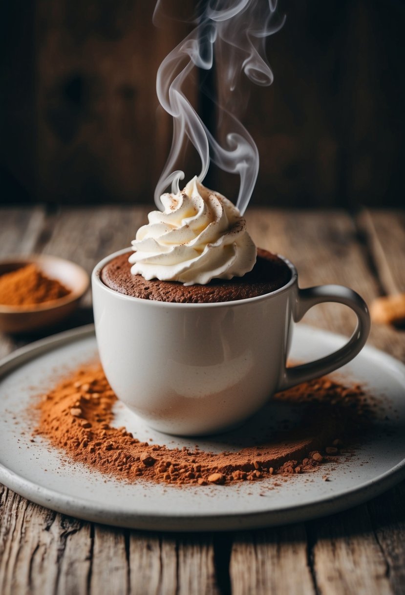 A steaming mug cake sits on a rustic wooden table, surrounded by scattered cocoa powder and a dollop of whipped cream