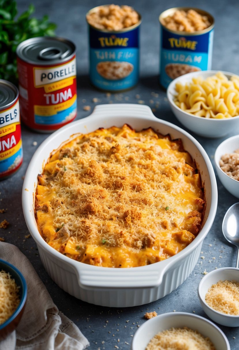 A bubbling tuna casserole sits in a white ceramic dish, topped with golden crispy panko breadcrumbs and surrounded by scattered ingredients like cans of tuna, noodles, and a bowl of breadcrumbs