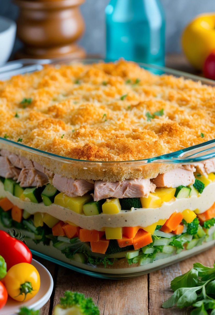 A colorful array of fresh vegetables, flaky tuna, and creamy sauce layered in a baking dish, topped with a golden breadcrumb crust