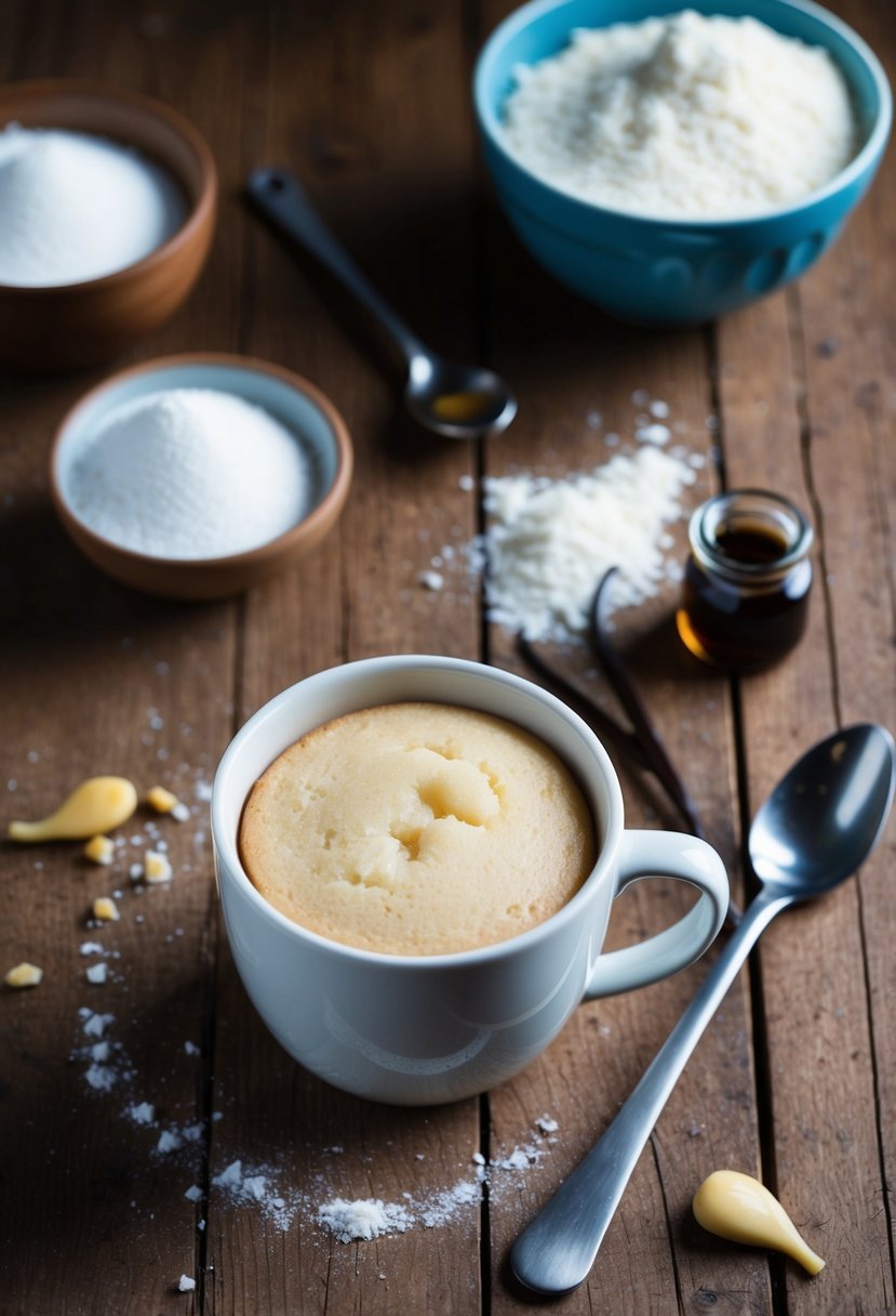 A classic vanilla mug cake sits on a rustic wooden table, surrounded by scattered ingredients like flour, sugar, and vanilla extract, with a mixing bowl and spoon nearby