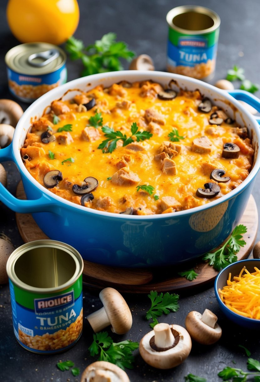 A bubbling casserole dish filled with cheesy tuna and mushroom casserole, surrounded by scattered ingredients like cans of tuna and fresh mushrooms