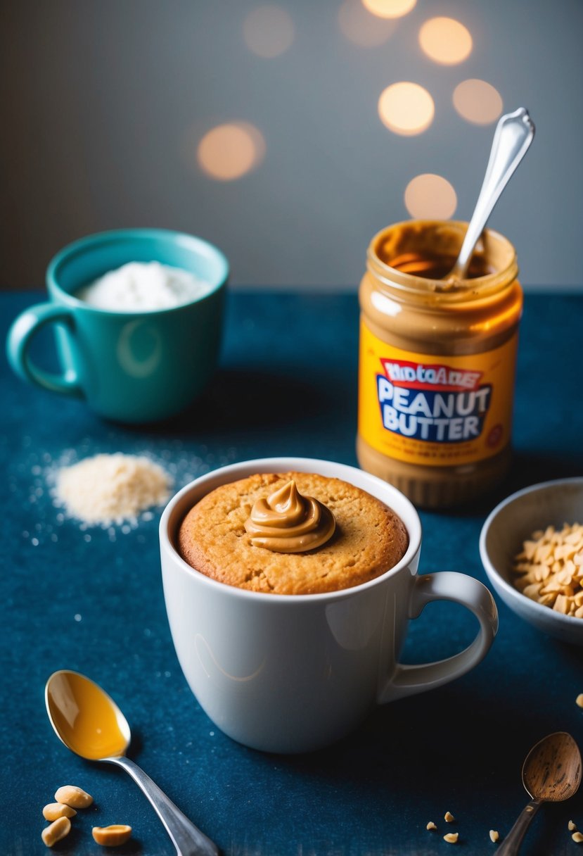 A mug cake sits on a table, with a jar of peanut butter and a spoon nearby. Ingredients are scattered around