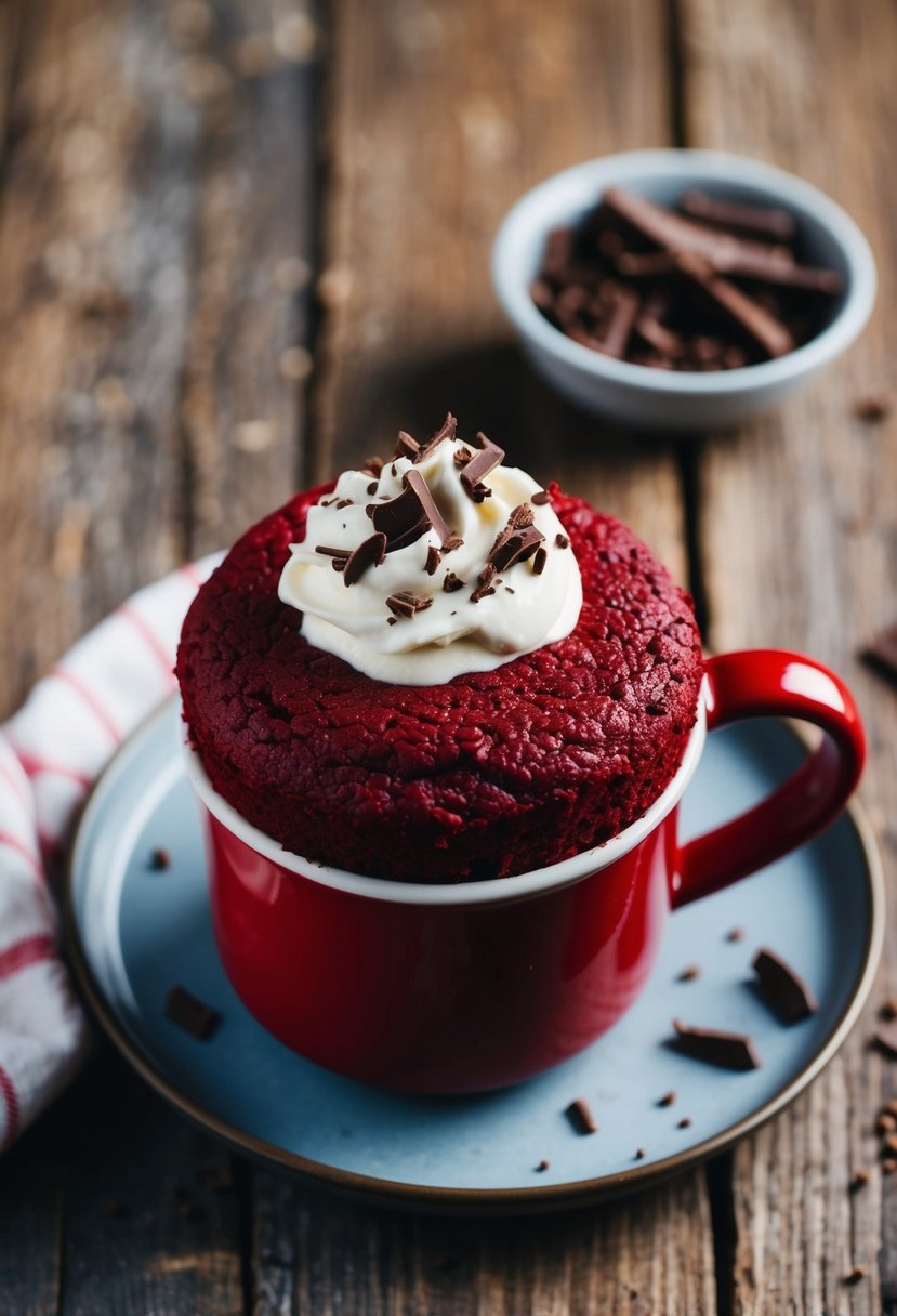 A red velvet mug cake sits on a rustic wooden table, topped with a dollop of cream and sprinkled with chocolate shavings